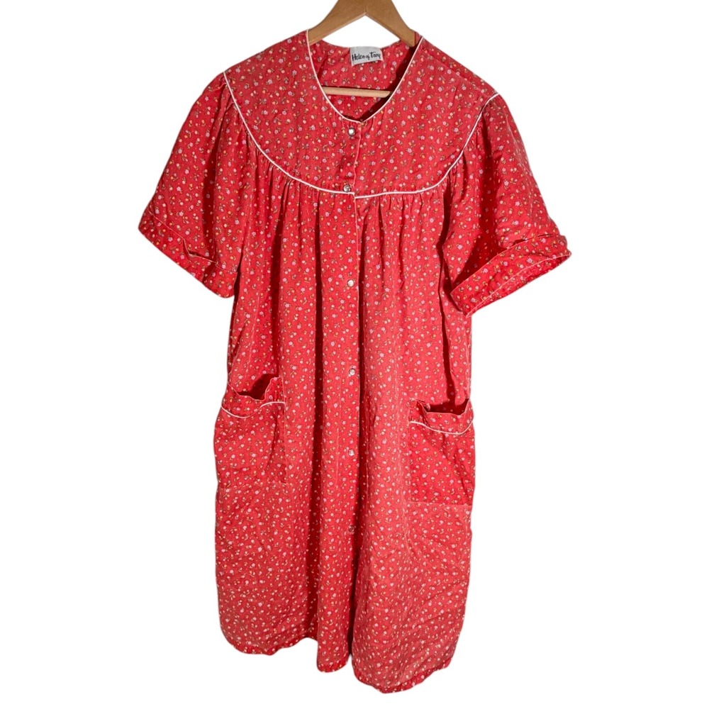 Vintage 60s 70s Helen of Troy Pearl‎ Snap Floral House Coat Dress XL